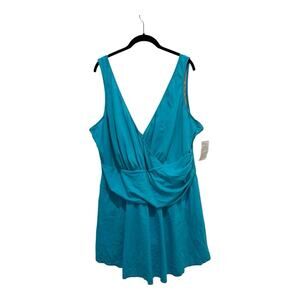 Roamans Swim Dress Womens 30 W Blue One Piece Swimsuit Ruched‎ Beach Pool NWT